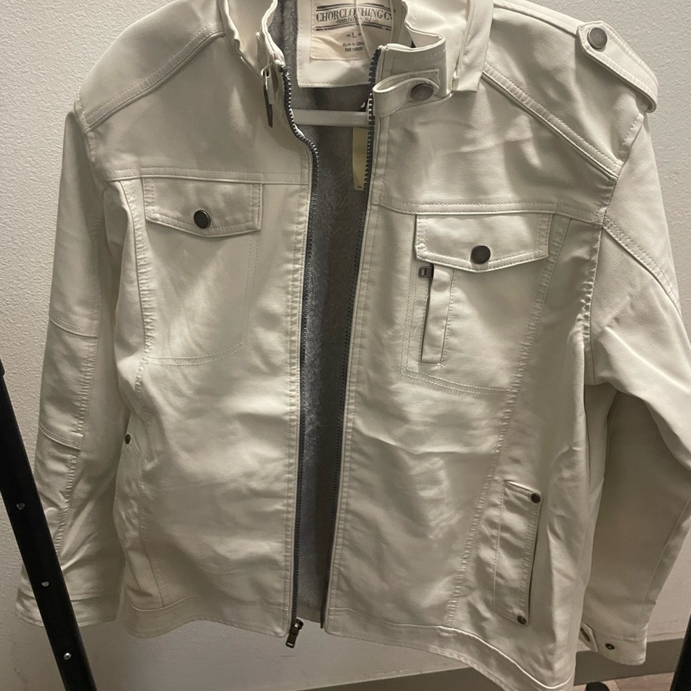 Chors Clothjng co White Faux Leather Jacket with Faux Fur Lining